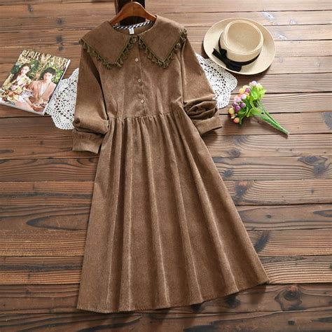 Autumn and Winter Dress 2018 Fall Clothes Women Long Sleeve Corduroy Retro Vintage Dresses Solid ...