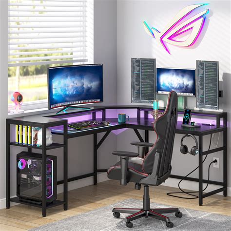 Tribesigns Gaming Desk, L-Shaped Desk with Power Outlets & LED Strips