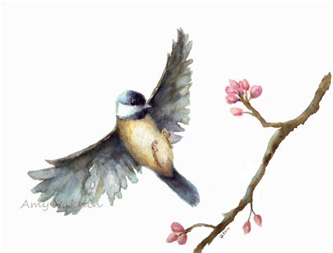 Items similar to Bird watercolor print/ Flying Chickadee watercolor print 8x10/ Fine Art Print ...