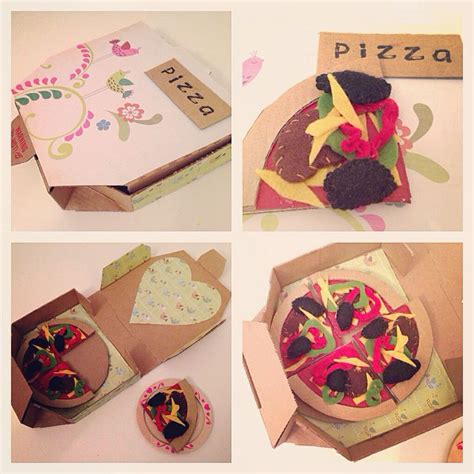 Cardboard pizza with recycled covered tiny pizza box with felt toppings ...