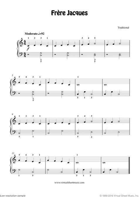 Free Frere Jacques (Are you sleeping?) sheet music for piano solo