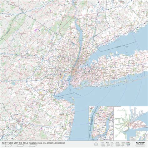 New York City, NY 50-Mile Radius Wall Map by MapShop - The Map Shop