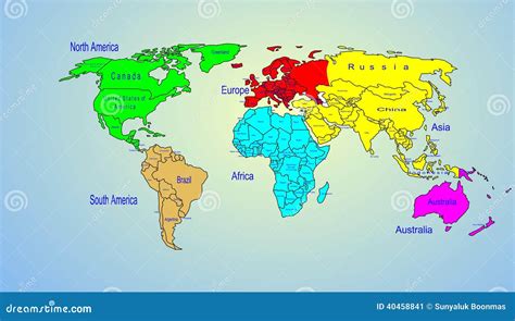 Nombre De Los Continentes Y De País Del Mapa De Color Del Mundo Stock de ilustración ...