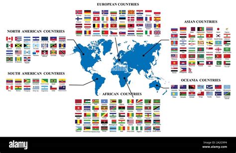 World flags and world map.Map of world and flags of the countries by continent.World flag ...