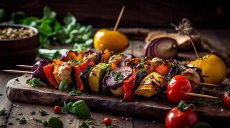 Premium Photo | Vegetable skewers with a variety of grilled vegetables generative ai