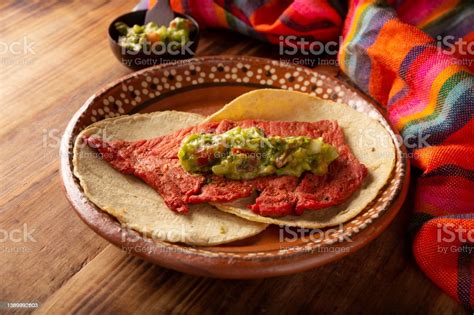 Mexican Cecina Enchilada Tacos Stock Photo - Download Image Now - Avocado, Beef, Chili Pepper ...