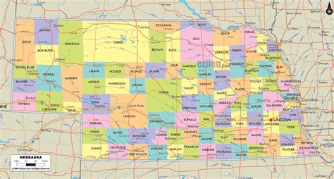 Map of State of Nebraska with outline of its cities, towns and counties. | United States of ...