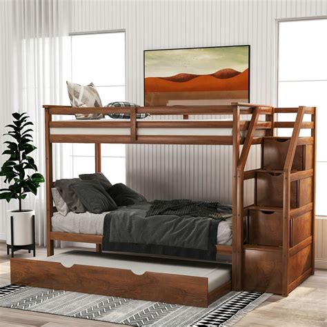 Hardwood Twin-Over-Twin Bunk Bed with Twin Size Trundle, 3 Storage Stairs and Full-length ...