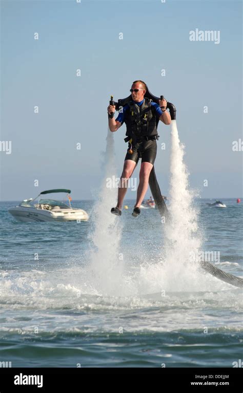 Jetlev, a personal flying machine flying based on a water-propelled jetpack near Marbella ...