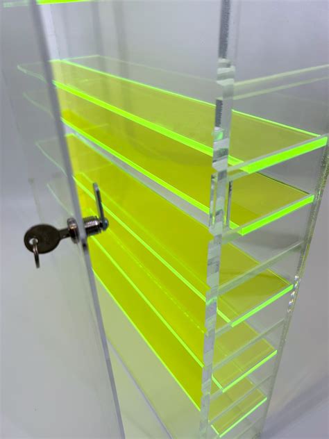 Custom Lockable Acrylic Display w/ Adjustable Fluorescent Green Acrylic Shelves - CUSTOM ACRYLIC ...