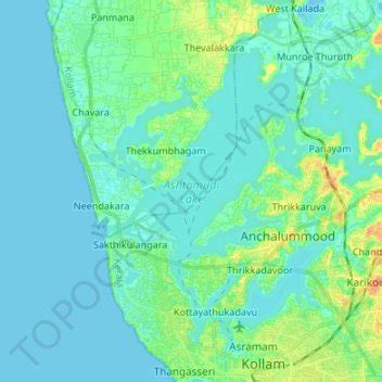 Ashtamudi Lake topographic map, elevation, relief