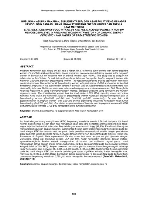 (PDF) HUBUNGAN ASUPAN MAKANAN, SUPLEMENTASI Fe DAN ASAM FOLAT DENGAN KADAR HEMOGLOBIN PADA IBU ...