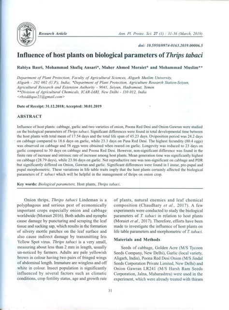 (PDF) Influence of Host Plants on Biological Parameter of Thrips tabaci