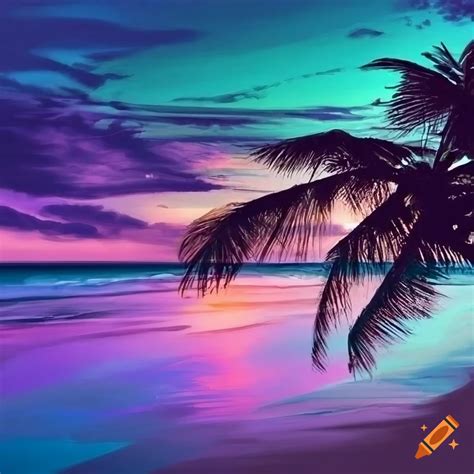 Beach sunset palm tree pastel teal blue purple impressionistic on Craiyon