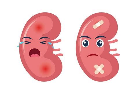 Sick kidney with pain ache or disease. Sad cartoon character kidney, body organ injured or ...