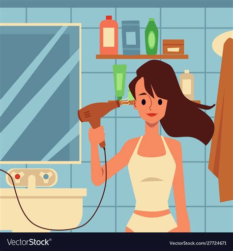 Cartoon woman drying her hair with electric dryer Vector Image