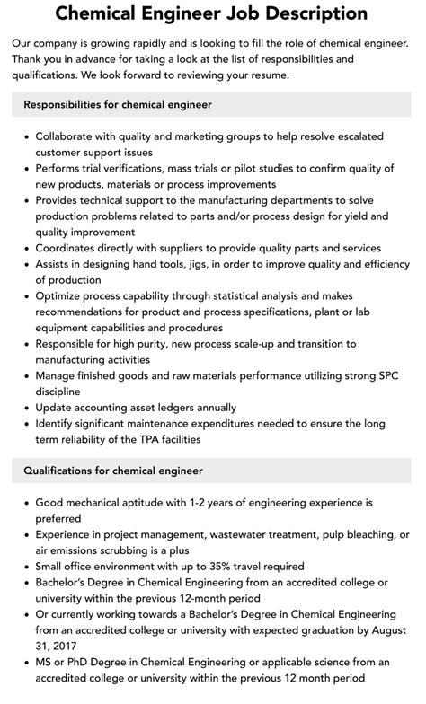 Chemical Engineer Job Description | Velvet Jobs