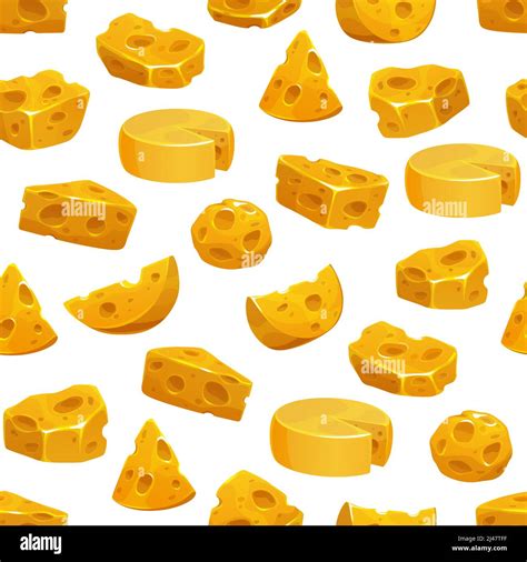 Cartoon yellow cheddar, swiss, maasdam cheese seamless pattern. Diary food product vector ...