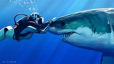 HD Wallpaper of a Diver Encountering a Shark