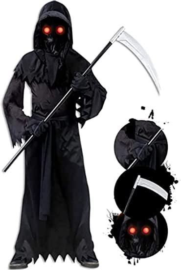 Grim Reaper Halloween Costume with Glowing Red Eyes for Adult Kids ...