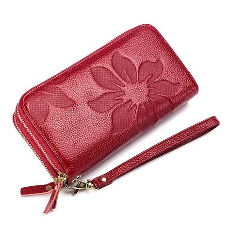 Women's Double Zipper Embossed Long Wallet Cowhide Leather Hand Wallet For Ladies Floral Genuine ...