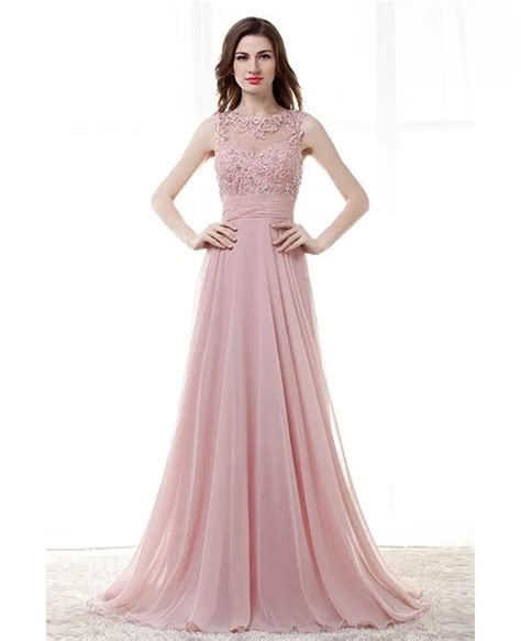 Light Pink A Line Long Prom Dress With Lace Beading Top #H76057 - GemGrace.com