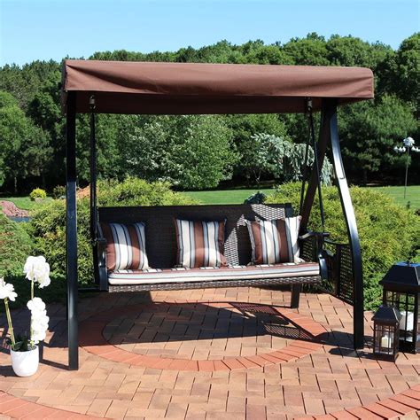 Sunnydaze Decor Deluxe Steel Frame Canopy Porch Swing with Brown Striped Cushion and Side Tables ...