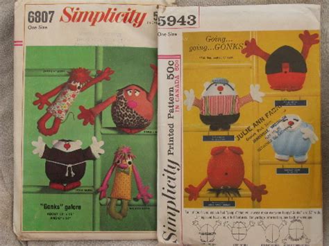 Retro 60s Gonks pillow people to sew, vintage Simplicity sewing patterns