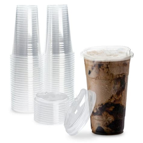 [50 Pack] Disposable Strawless Plastic Cups with Lids - 24 Oz Clear Plastic Cups and Sippy Cups ...