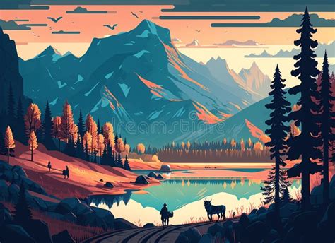 Vector Art Landscape, Blue, Gray, Brown, Orange and Yellow Colors with ...