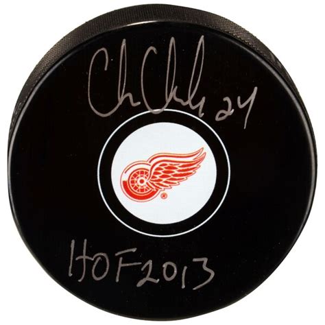 Autographed Detroit Red Wings Chris Chelios Fanatics Authentic Logo Puck with HOF 13 Inscription ...