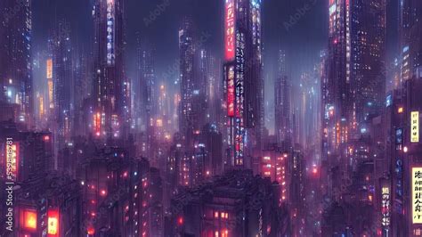 Cityscape of asian cyberpunk city at night. Neon, skyscrapers, fantasy ...