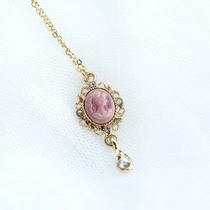 Antique Pink Cameo Necklace Victorian Cameo Necklace Gold Charm Cubic Zirconia Necklace Vintage ...