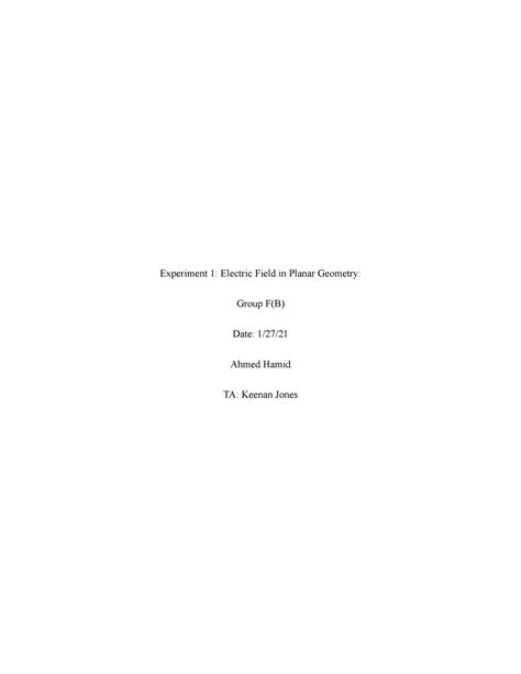 Experiment 1 Electric Field in Plana Geometry - Experiment 1: Electric Field in Planar Geometry ...