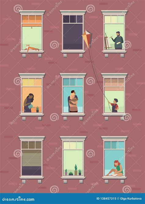 Windows with People. Opened Window Neighbors People Communicate Apartment Building Exterior ...