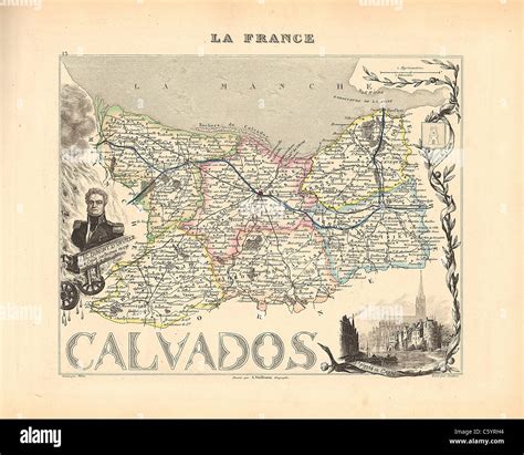 Calvados Department - Antiquarian Map from an 1858 French Atlas "France and its Colonies" (La ...