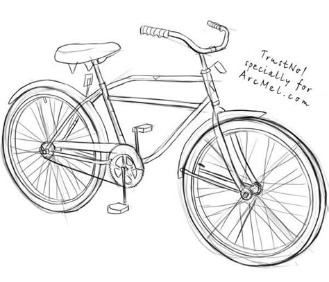 a drawing of a bicycle with the front wheel and spokes drawn in pencil ...