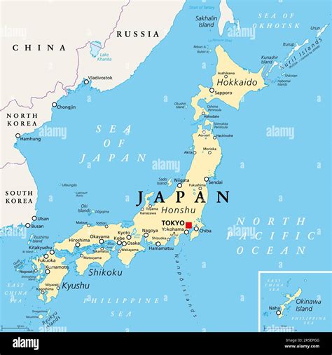 Japan political map. Main islands Honshu, Hokkaido, Kyushu, Shikoku and Okinawa. East Asian ...