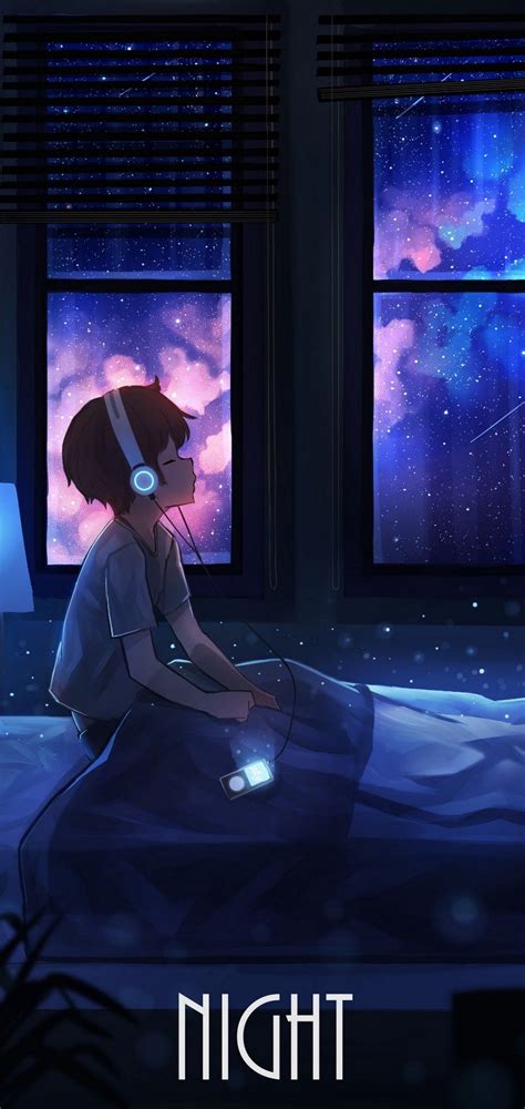 a boy listening music in night. | 밤하늘 그림, 애니메이션 배경, 어두운 그림