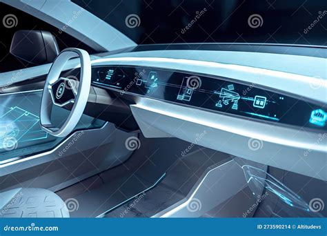 Futuristic Car Interior with Sleek and Minimalist Design, Featuring Touchscreens and Holographic ...