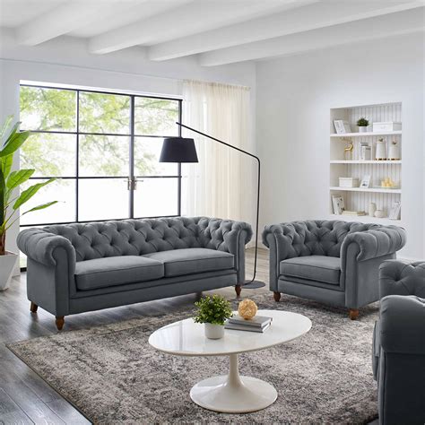 Grey Living Room Chesterfield Sofa - Contemporary living room with a stylish white chesterfield ...