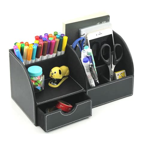 6 Blocks Holder PU Leather Office Desk Organizer Stationery Storage Box Office Stationary Set ...