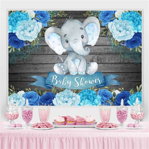 Wooden Blue Floral Baby Elephent Baby Shower Backdrop – Lofaris