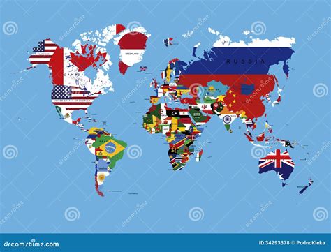 World Map Colored In Countries Flags & Names Royalty Free Stock Photos - Image: 34293378