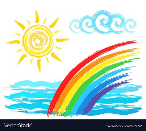 Rainbow and sun artistic brush drawing Royalty Free Vector