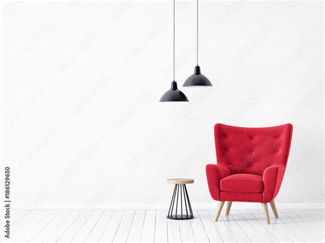 .modern living room with red armchair and lamp. scandinavian interior design .furniture. 3d ...