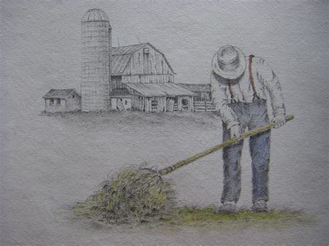 Barn art Country farm graphite pencil landscape old farmer | Etsy