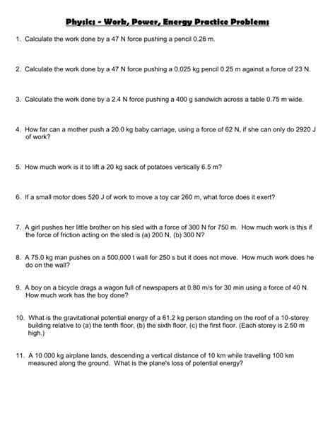 Physics 11 - Work, Power, Energy Worksheet