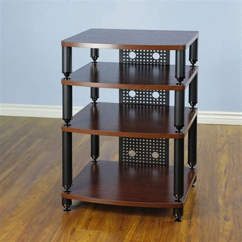 VTI 34447 - 4 Shelf Professional Audio Rack in Black Poles and Dark Red Shelves.