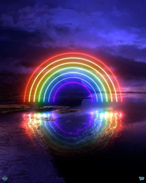 an image of a rainbow in the sky with lights reflecting off it's surface